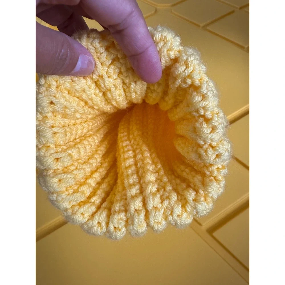 Handmade Kids Chunky Knit Beanie Yellow Grey Pom Pom Ribbed Winter Hat